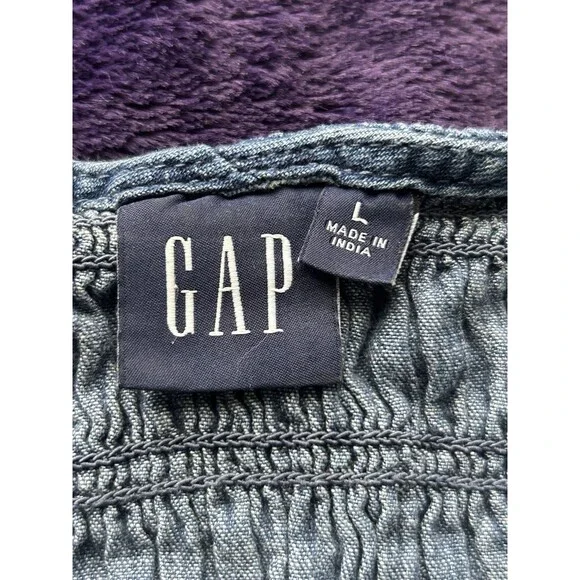 Women’s L 100% Cotton Denim Ruffle Sleeve Smocked Midi Dress with Washwell - Picture 9 of 9